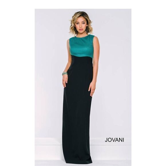 Jovani 39212A, Deadstock, Black/ Green Column, Sleeveless Gown, Center Back Seam - Picture 1 of 6